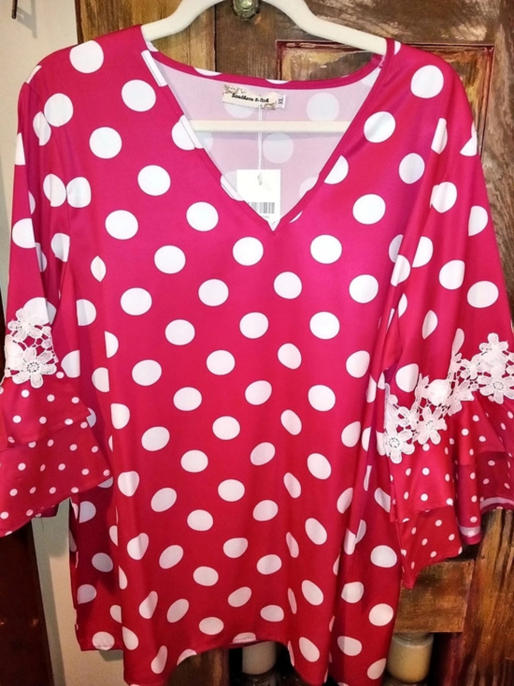 Southern  Stitch Polka Dot V-Neck Blouse in Pink & White